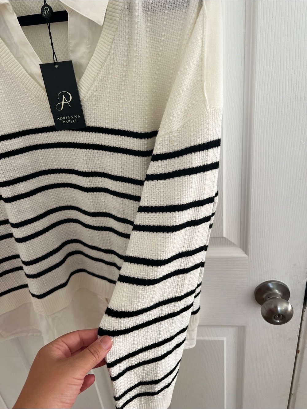 Adrianna Papell White V-Neck Layered Sweater with Black Stripes - Picture 9 of 14
